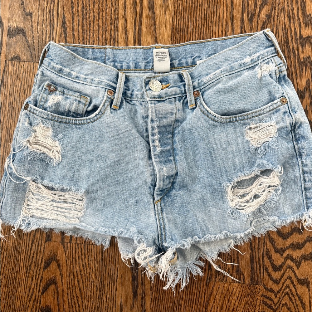 True Religion Light Blue Distressed Denim Jean Shorts